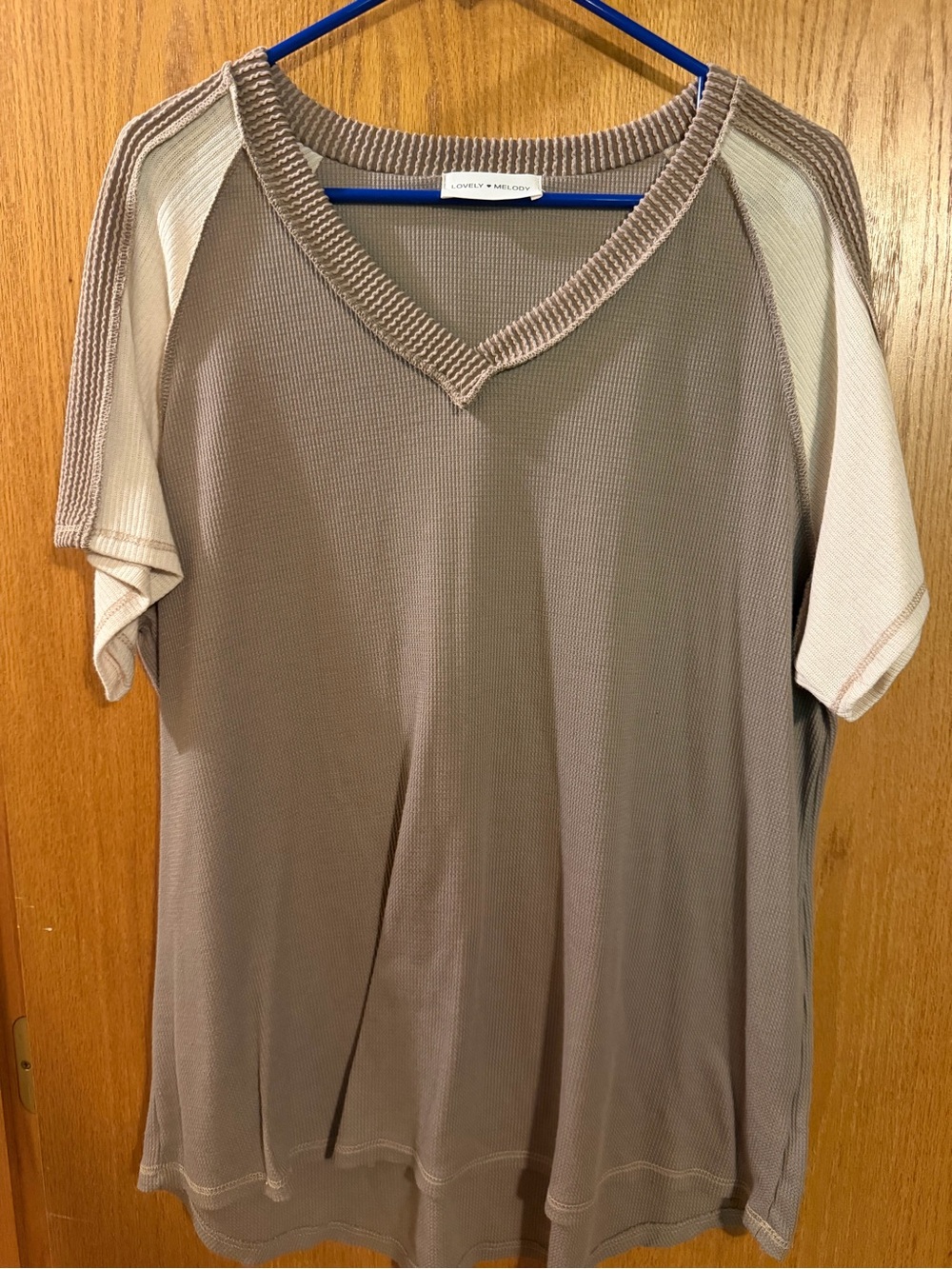 Lovely Melody Taupe & Cream Raglan V-Neck Short Sleeve Top